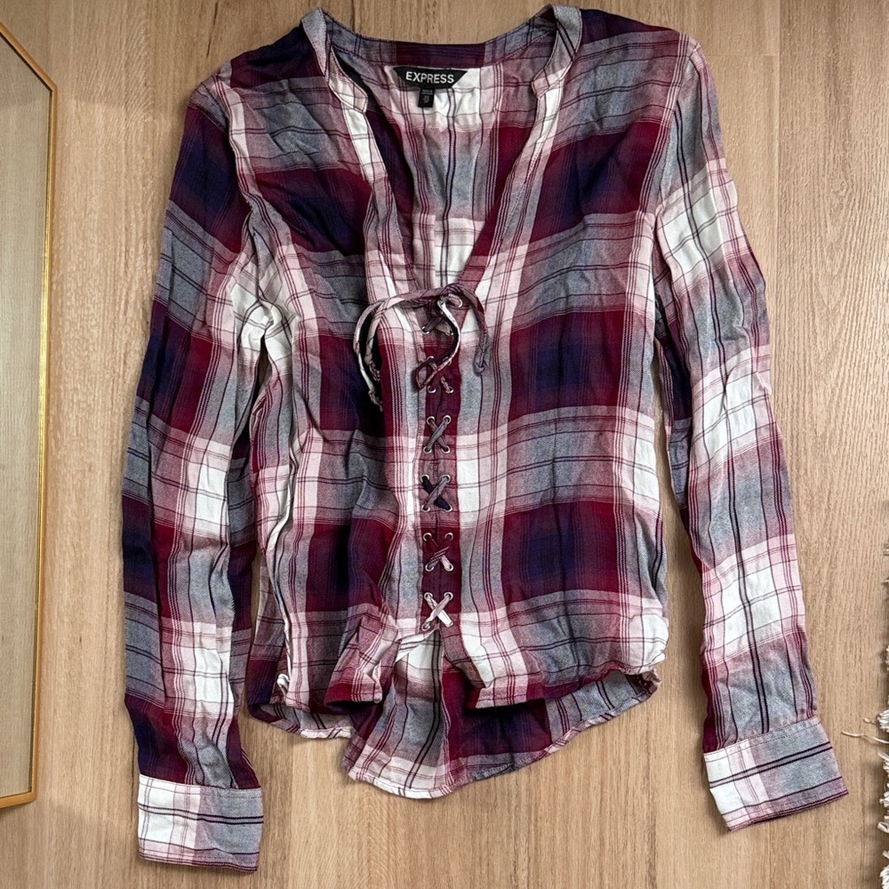 Express Plaid Tie Up Long Sleeve